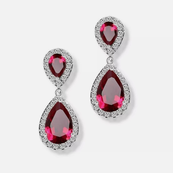 Silver Ruby Drop Dangle Earrings - Picture 2 of 3
